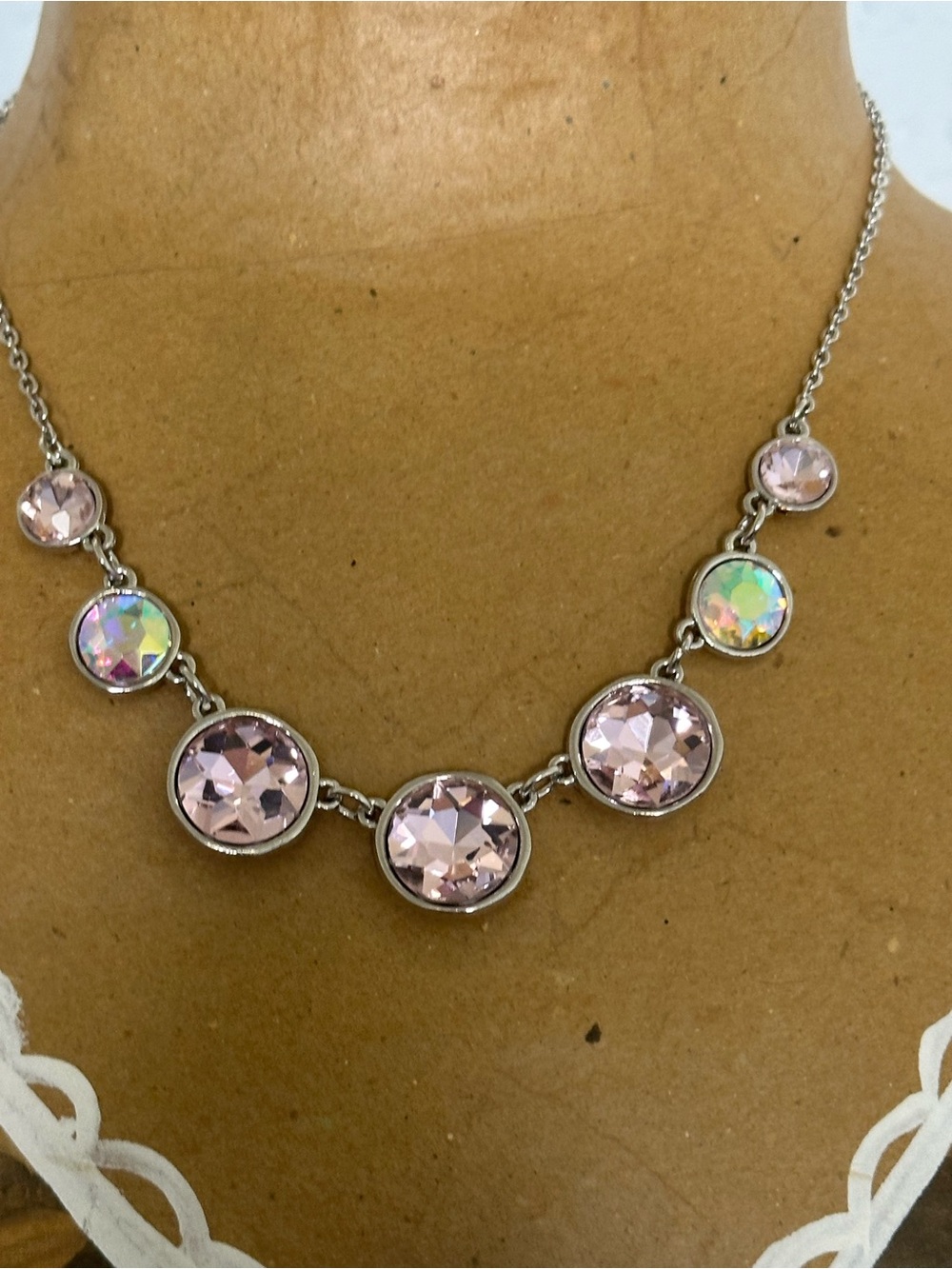 Pink Rose Pink Crystal Bib Necklace in Silver